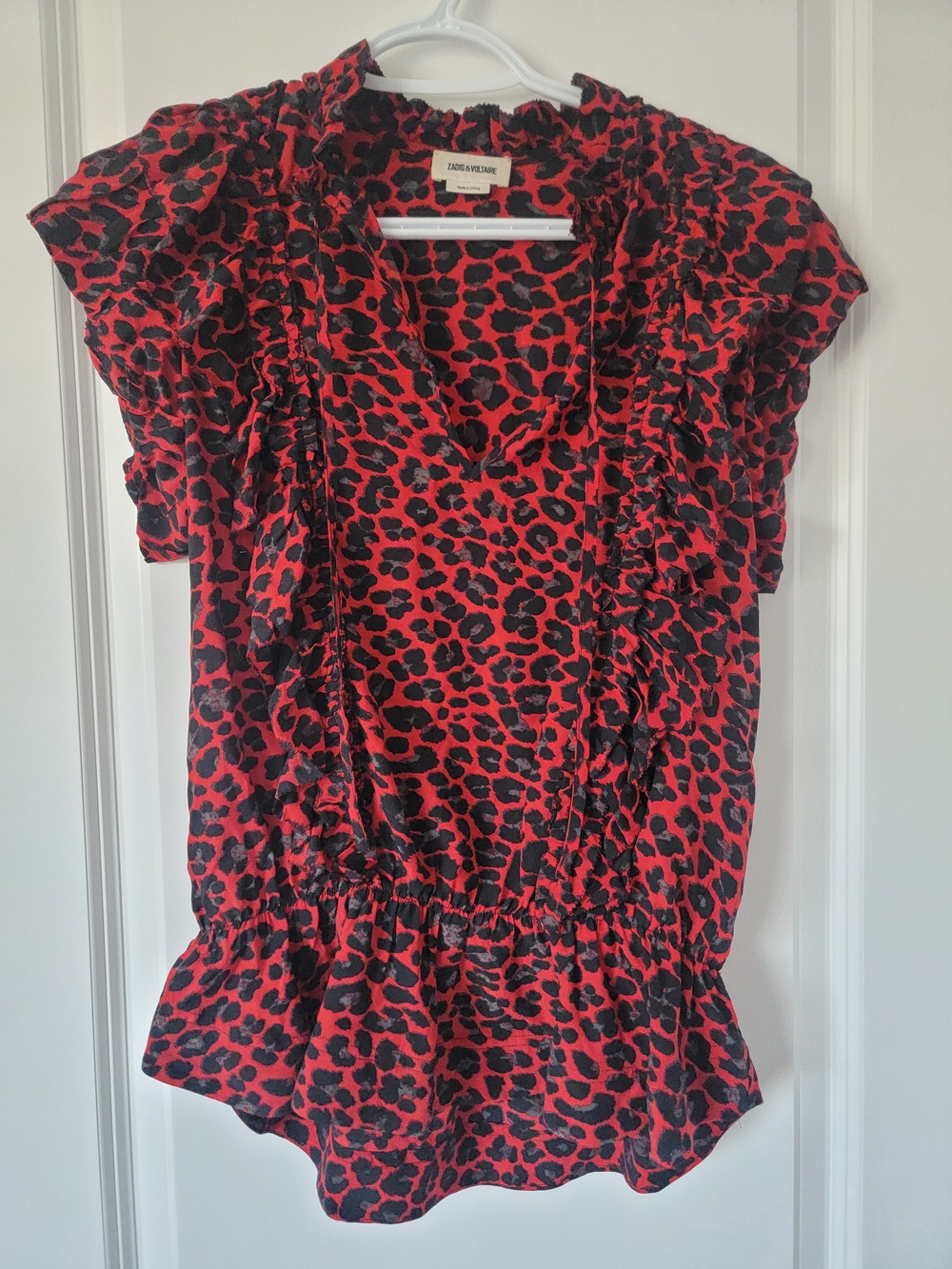 Zadig & Voltaire Red and Black Leopard Print Ruffle Blouse